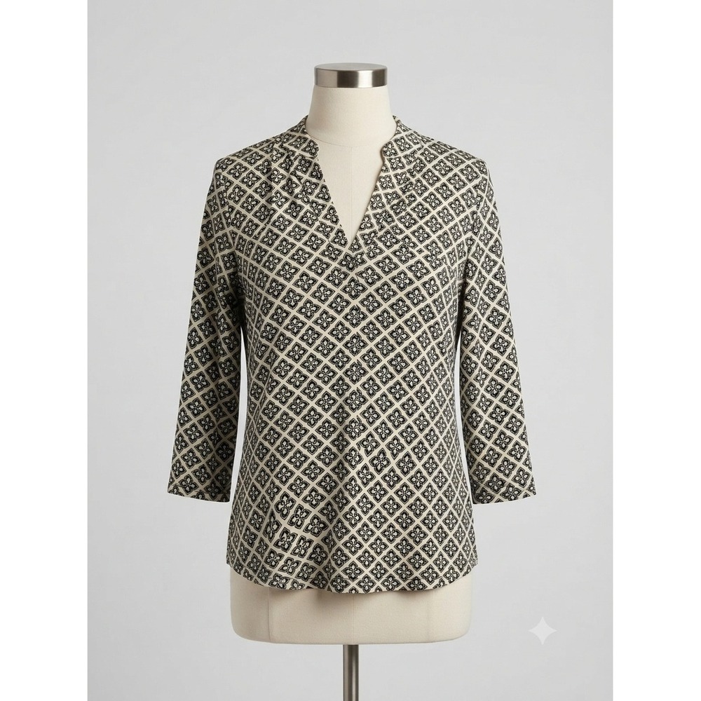 Charter Club Petite Black White Geometric Tile Print 3/4 Sleeve Blouse PM